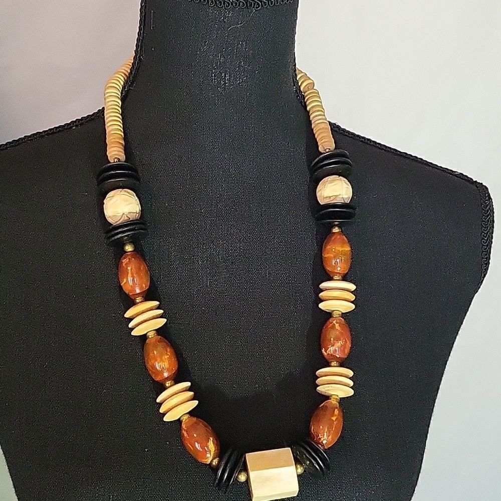 Chunky Geometric Wooden Bead Necklace (Black, Brown And Cream) - 74cm L